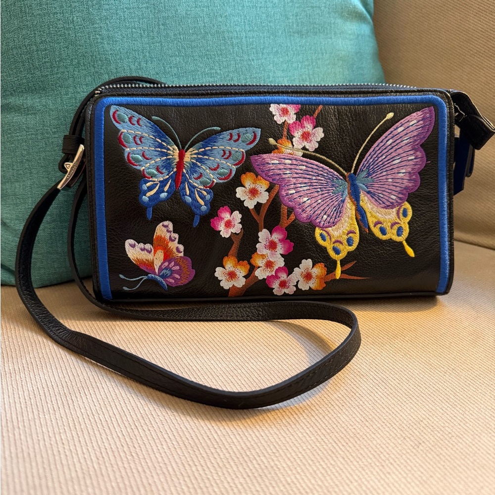 Brighton Black Leather Embroidered Butterfly Crossbody Bag